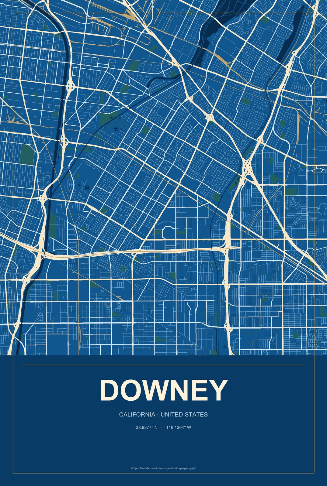Downey, California City Map Aluminum Sign in Harbor Cobalt style