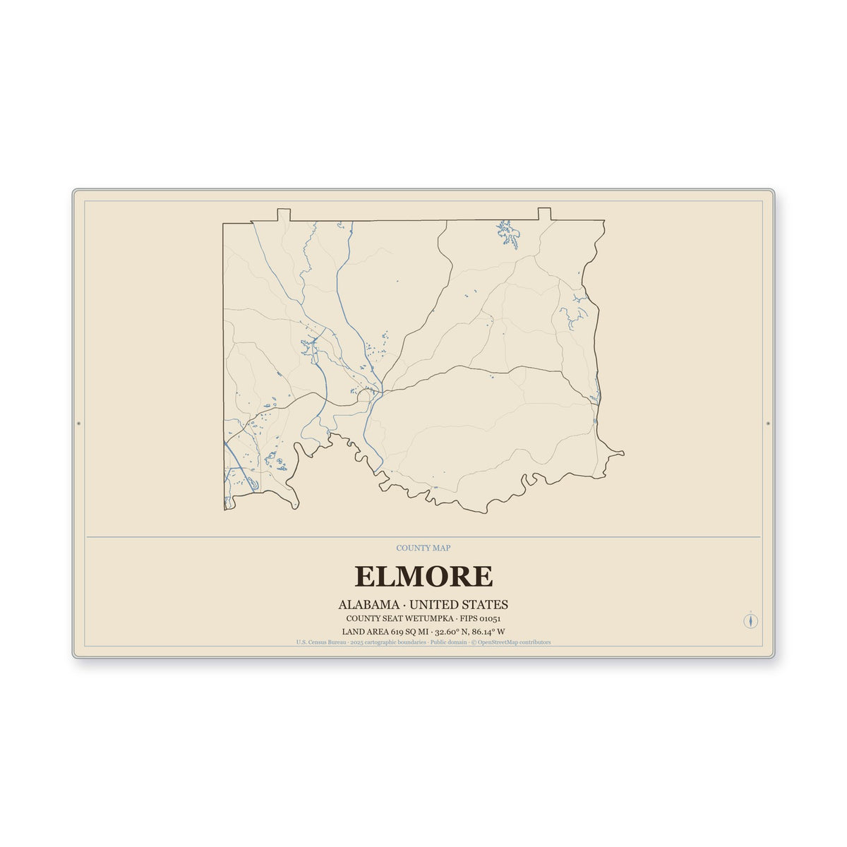 Elmore County, Alabama Map Aluminum Sign in Heritage Nautical style