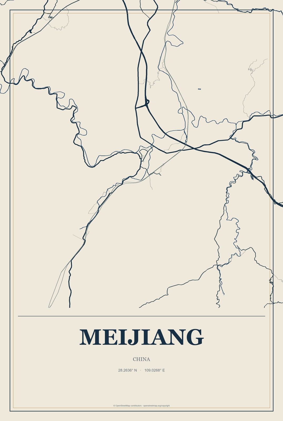 Meijiang, China City Map Aluminum Sign in Coastal Cutout style