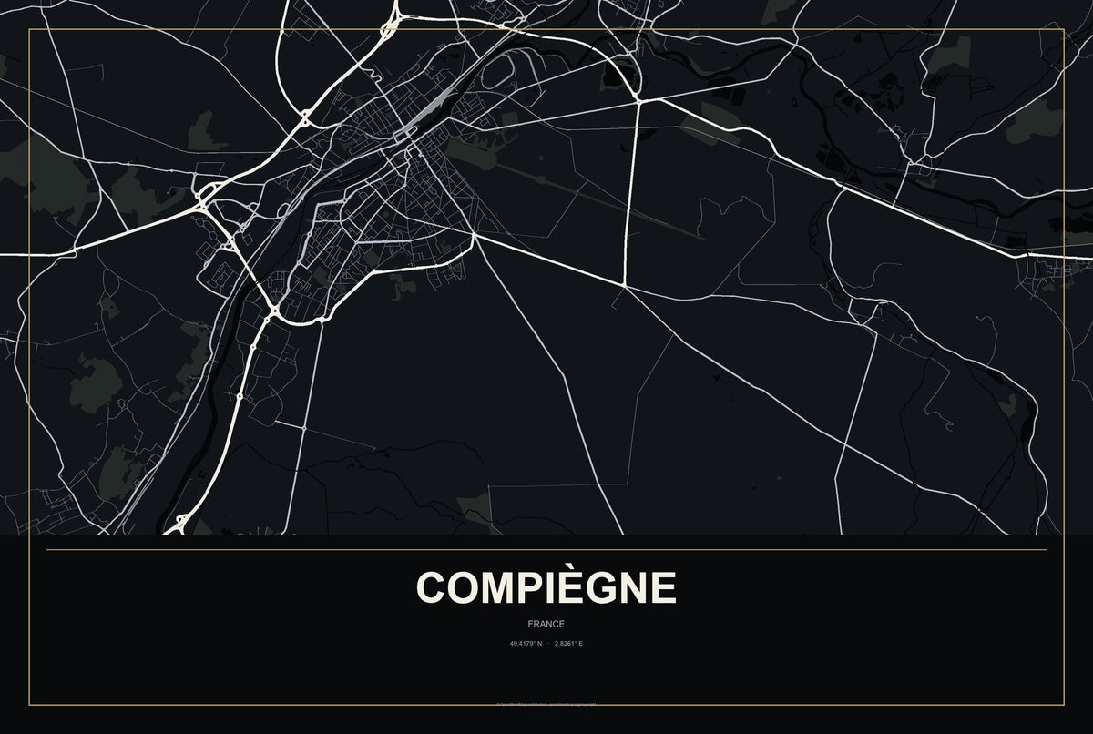 Compiègne, France City Map Aluminum Sign in Metropolitan Noir style