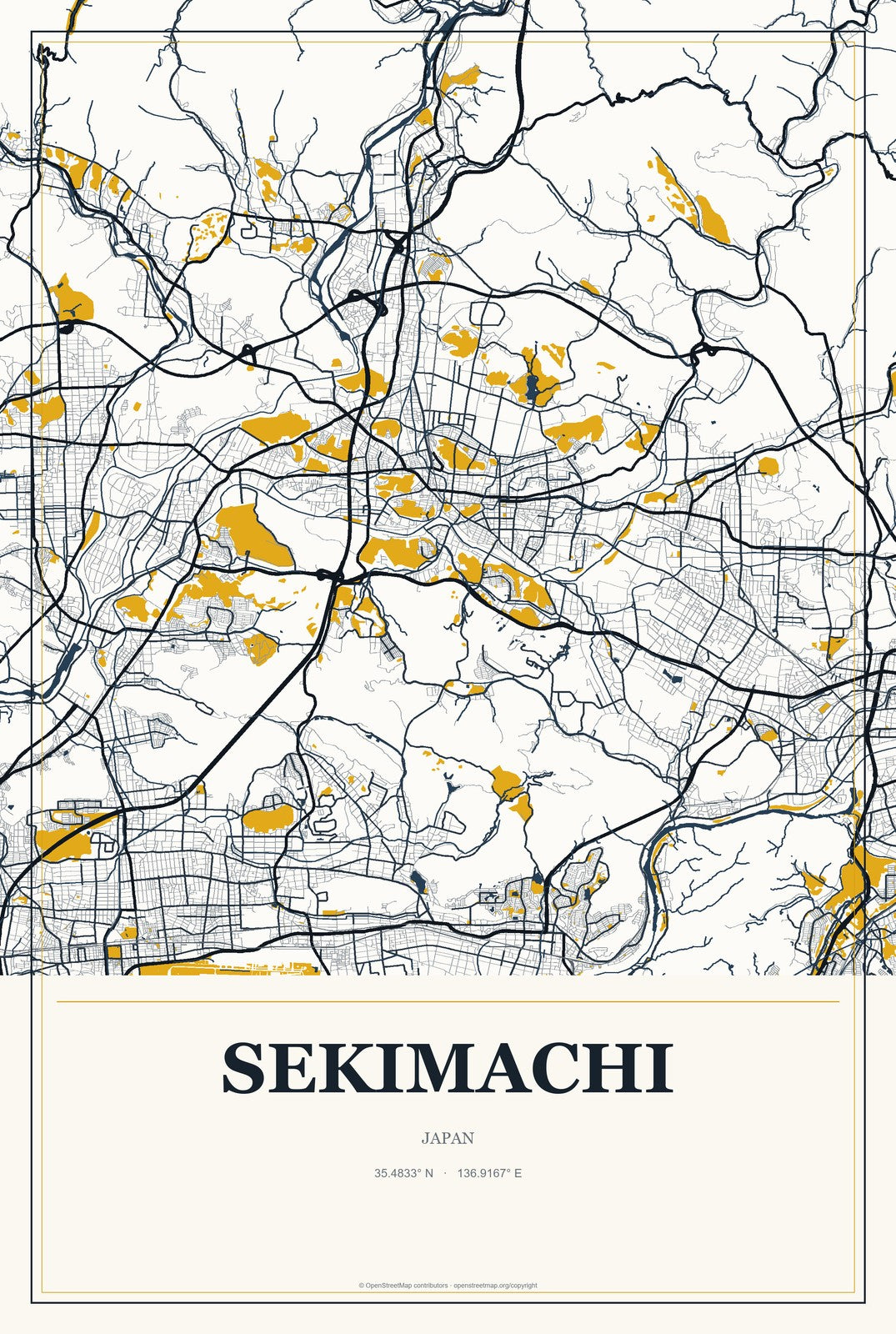 Sekimachi, Japan City Map Aluminum Sign in Citrine Modern style