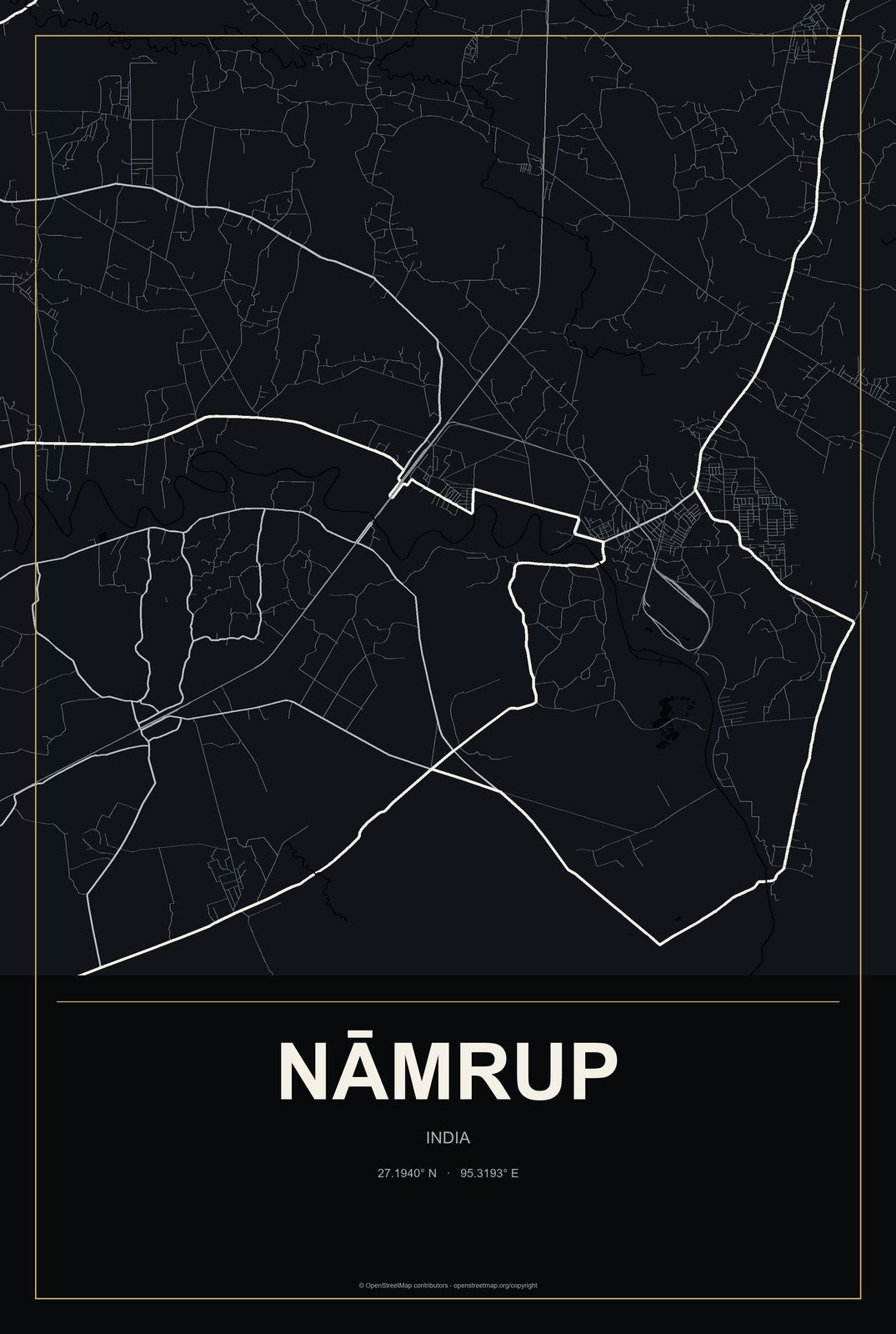 Nāmrup, India City Map Aluminum Sign in Metropolitan Noir style