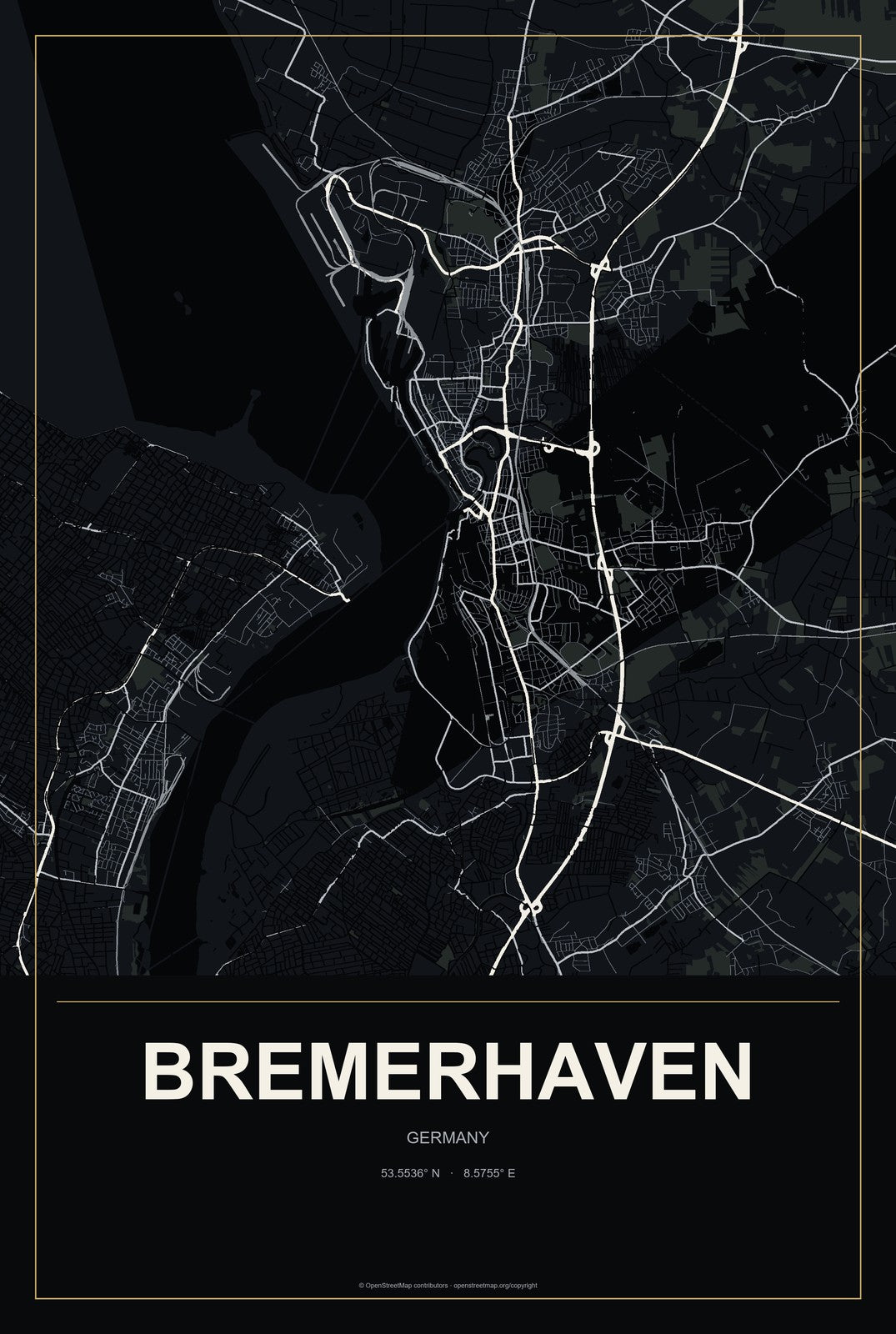 Bremerhaven, Germany City Map Aluminum Sign in Metropolitan Noir style