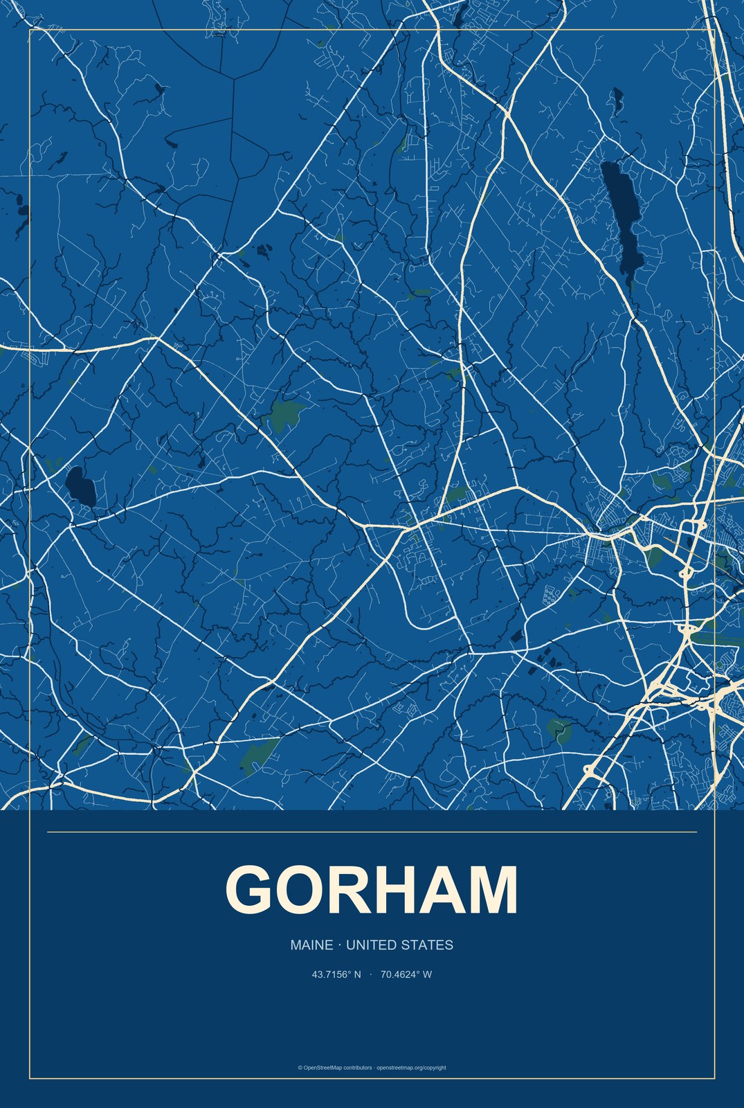 Gorham, Maine City Map Aluminum Sign in Harbor Cobalt style