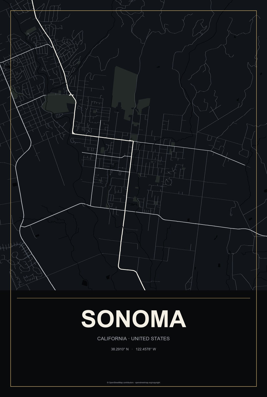 Sonoma, California City Map Aluminum Sign in Metropolitan Noir style