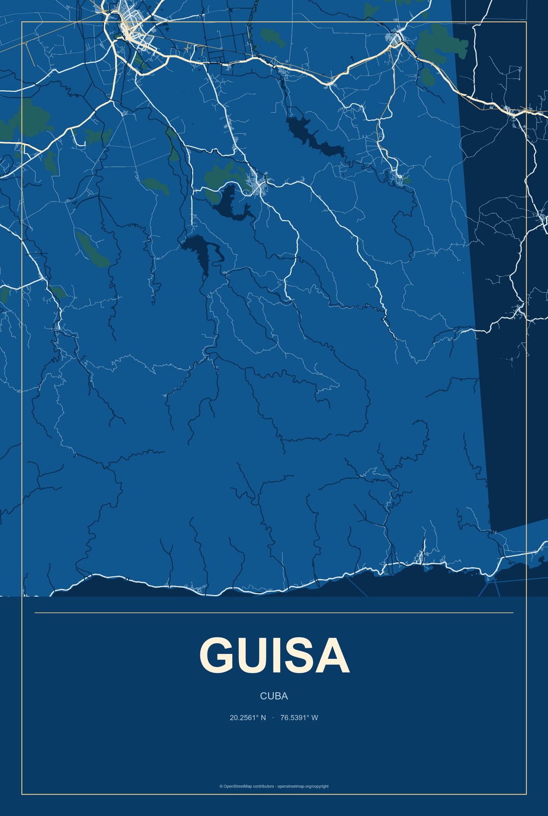 Guisa, Cuba City Map Aluminum Sign in Harbor Cobalt style