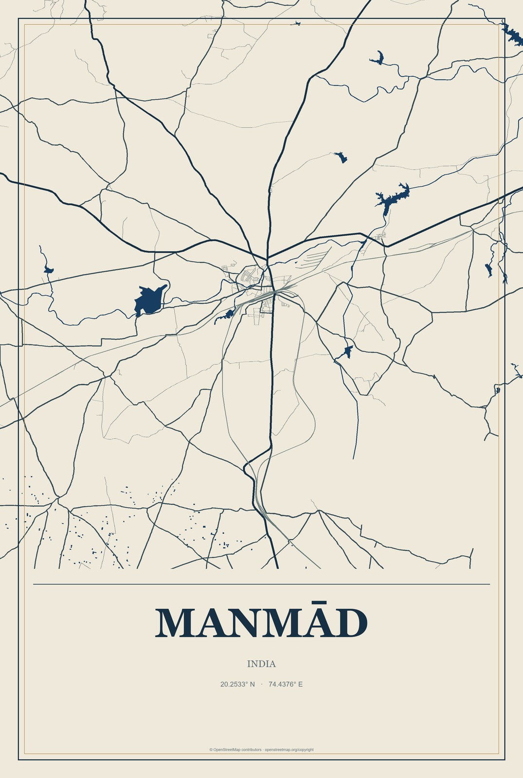 Manmād, India City Map Aluminum Sign in Coastal Cutout style
