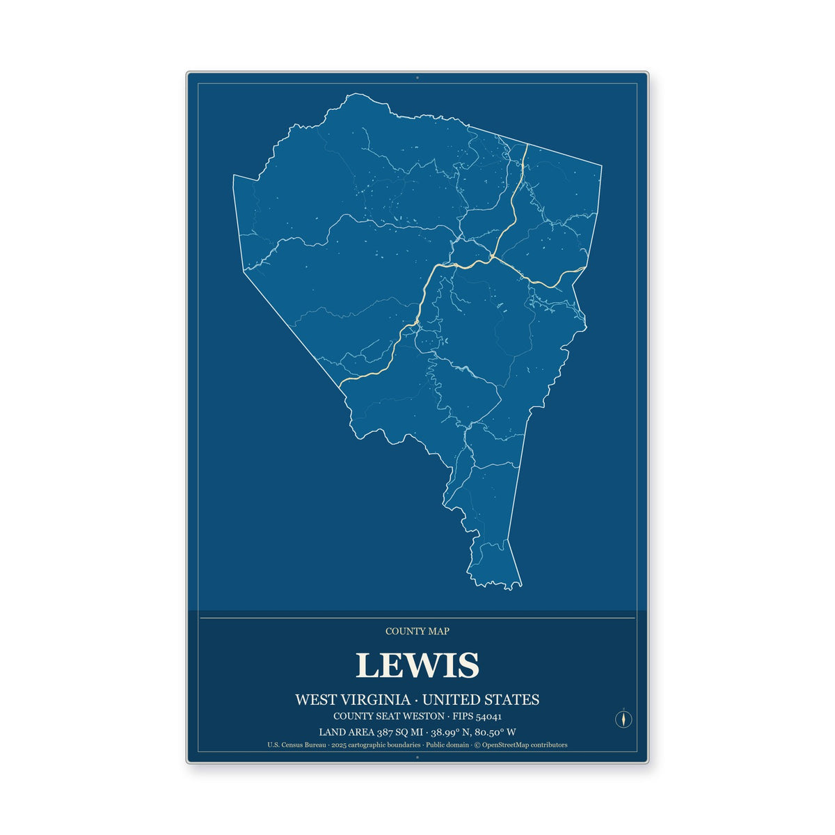 Lewis County, West Virginia Map Aluminum Sign in Harbor Cobalt style