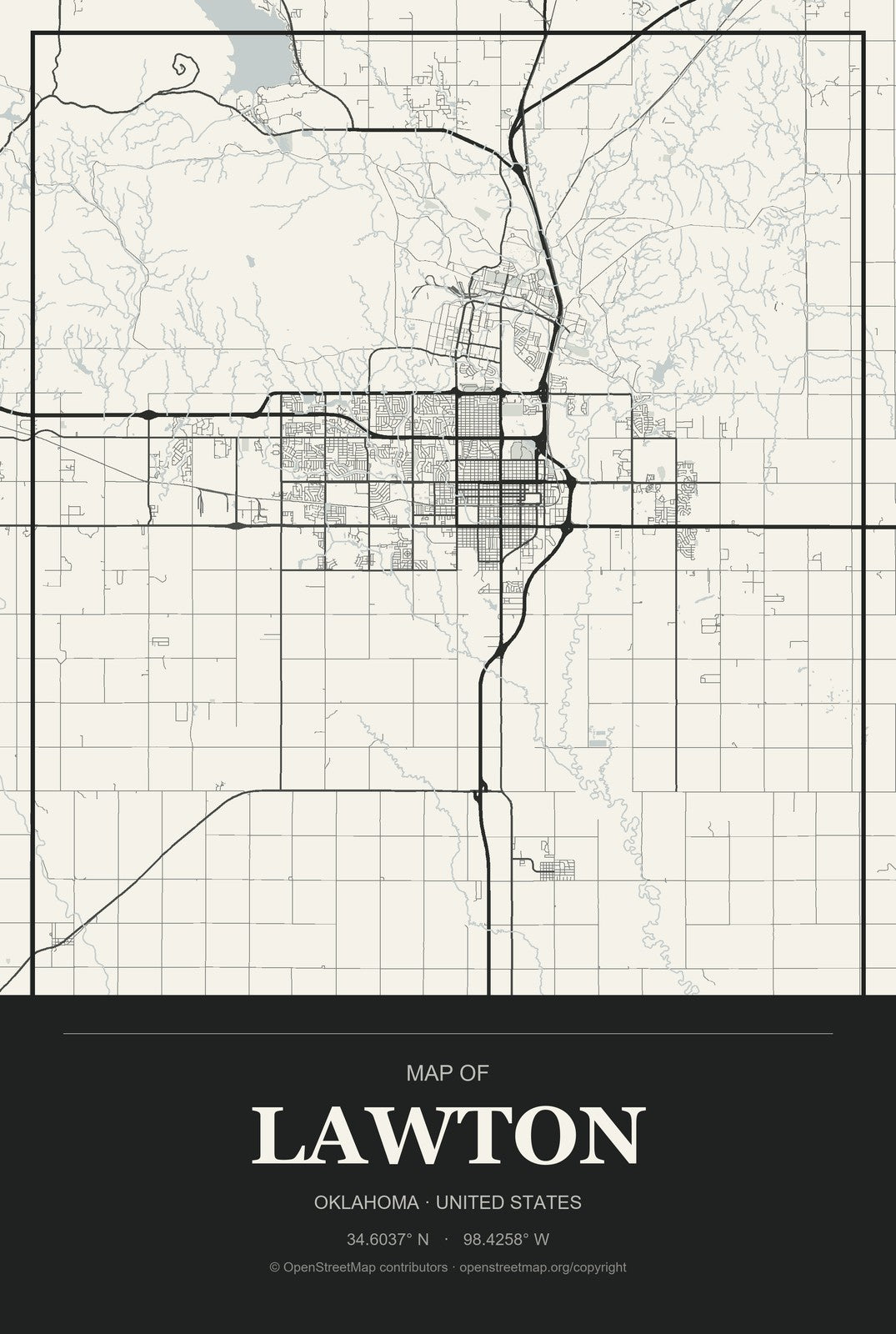 Lawton, Oklahoma City Map Aluminum Sign in Museum Plaque style