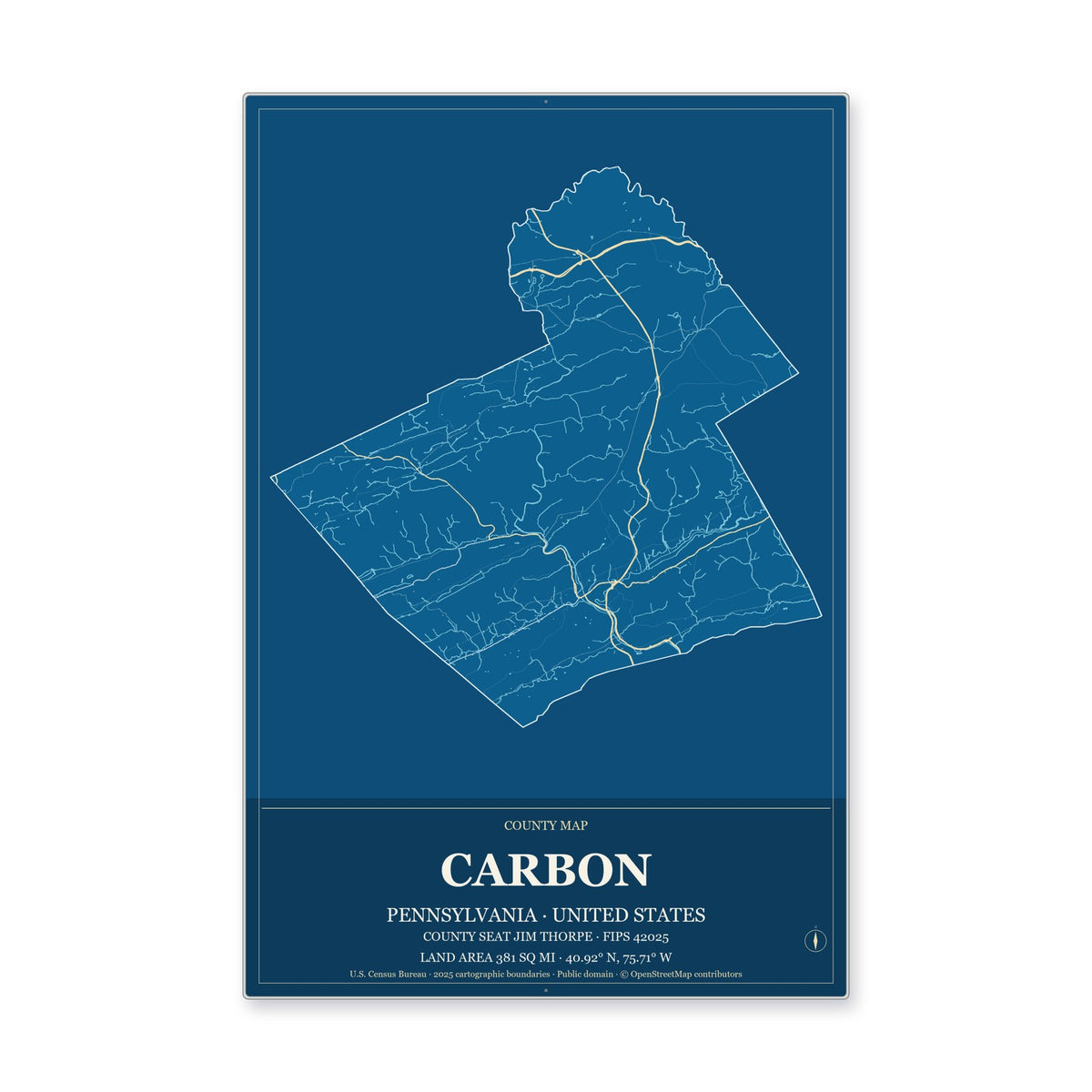 Carbon County, Pennsylvania Map Aluminum Sign in Harbor Cobalt style