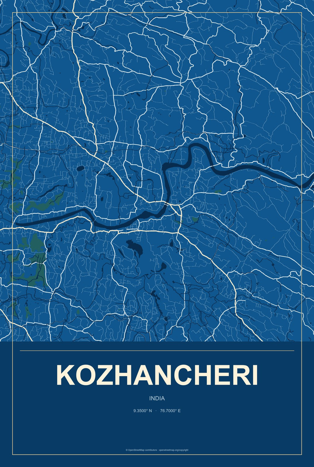 Kozhancheri, India City Map Aluminum Sign in Harbor Cobalt style