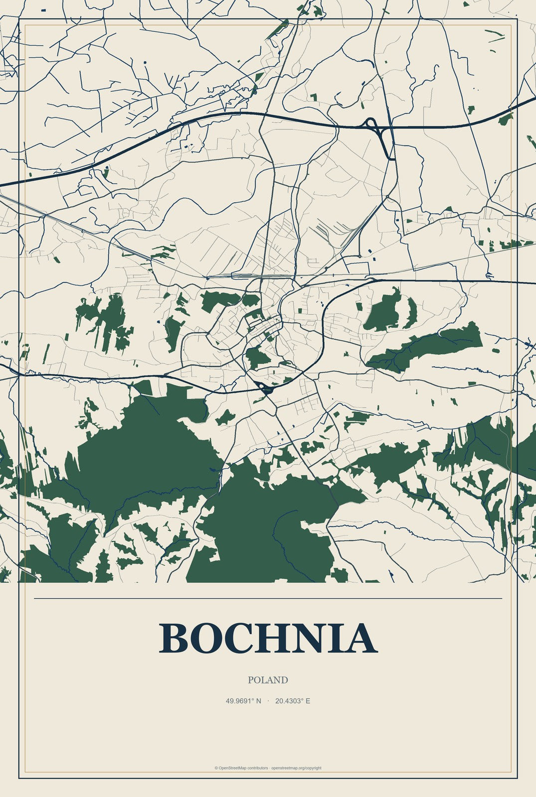 Bochnia, Poland City Map Aluminum Sign in Coastal Cutout style