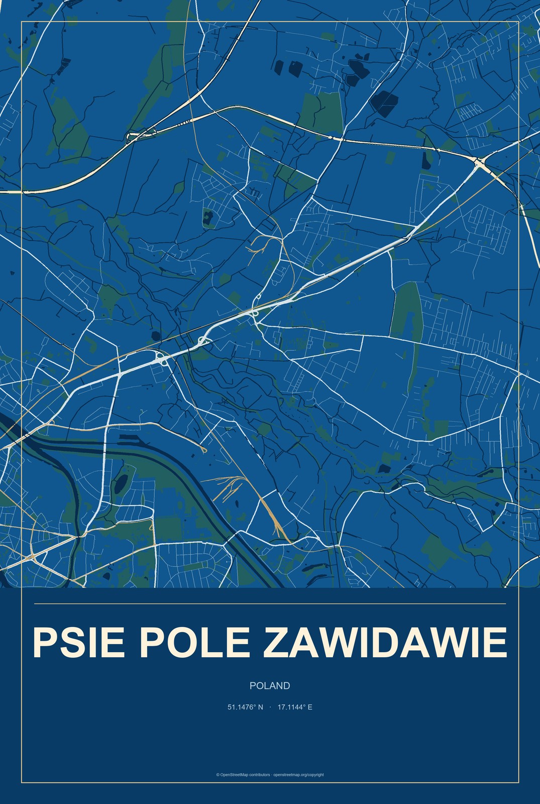 Psie Pole Zawidawie, Poland City Map Aluminum Sign in Harbor Cobalt style