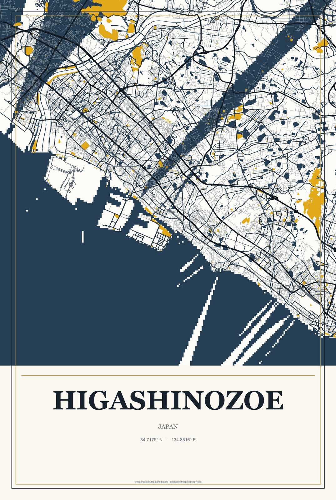 Higashinozoe, Japan City Map Aluminum Sign in Citrine Modern style