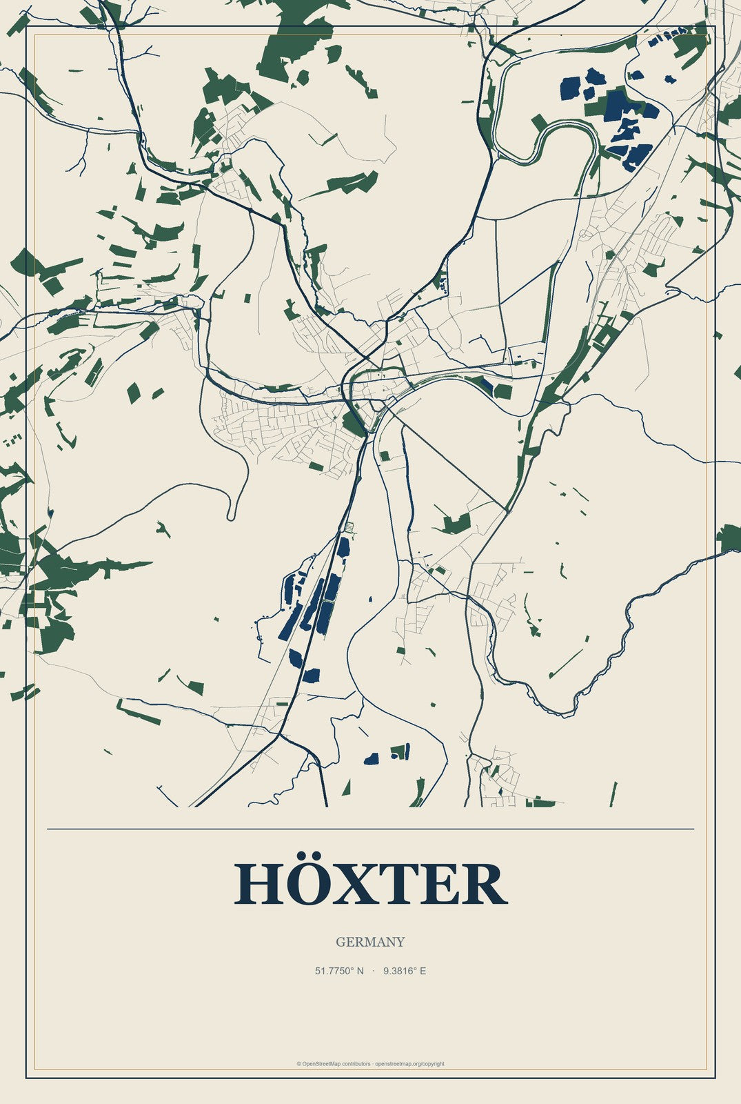 Höxter, Germany City Map Aluminum Sign in Coastal Cutout style