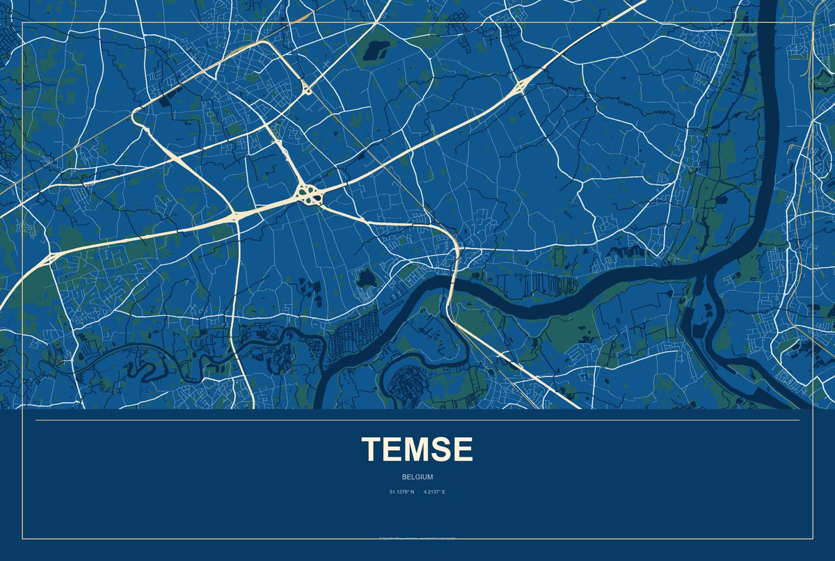 Temse, Belgium City Map Aluminum Sign in Harbor Cobalt style