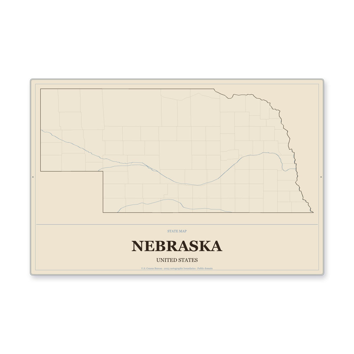 Nebraska state map aluminum sign in Heritage Nautical style