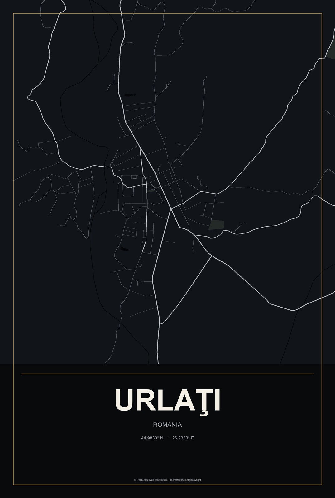 Urlaţi, Romania City Map Aluminum Sign in Metropolitan Noir style