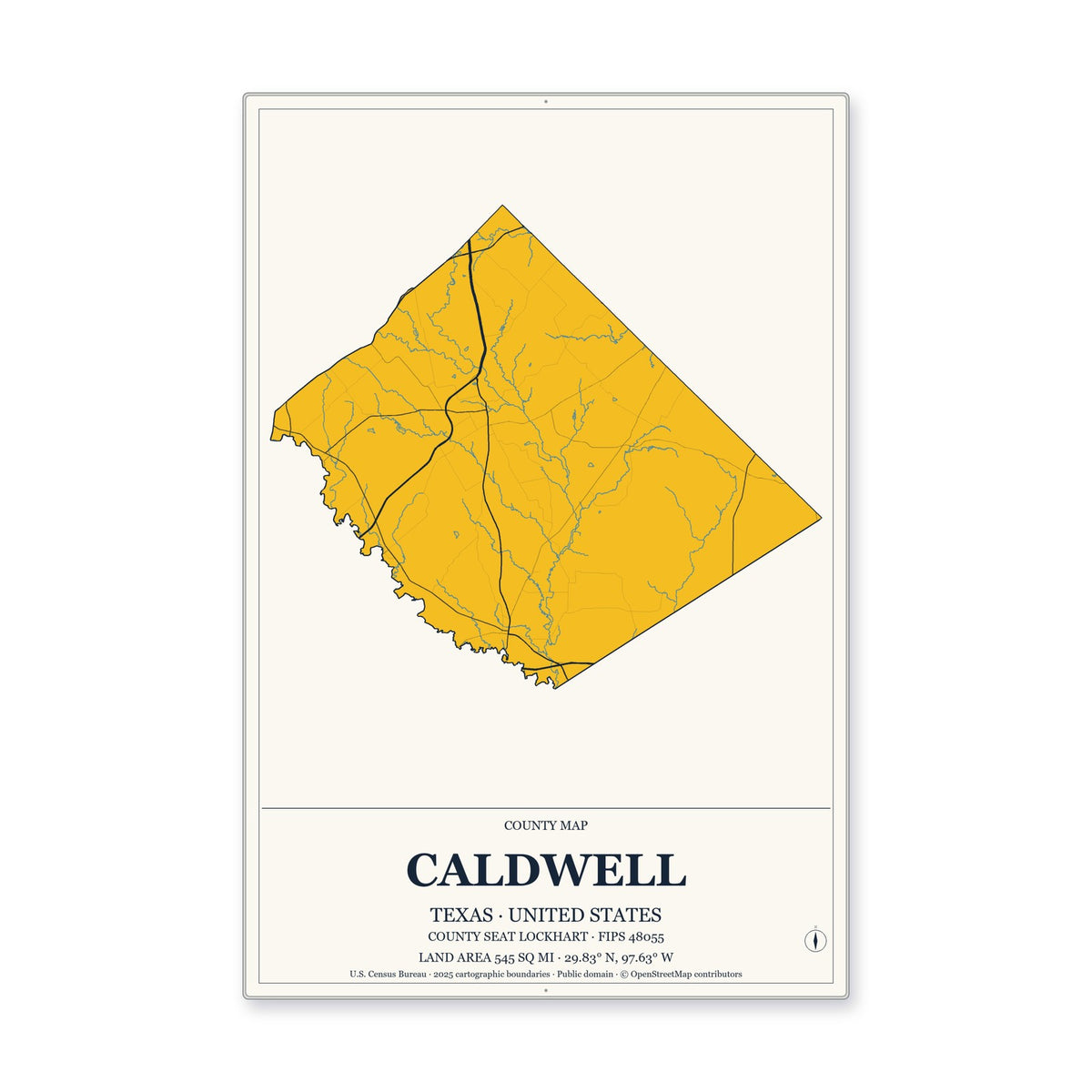 Caldwell County, Texas Map Aluminum Sign in Citrine Modern style
