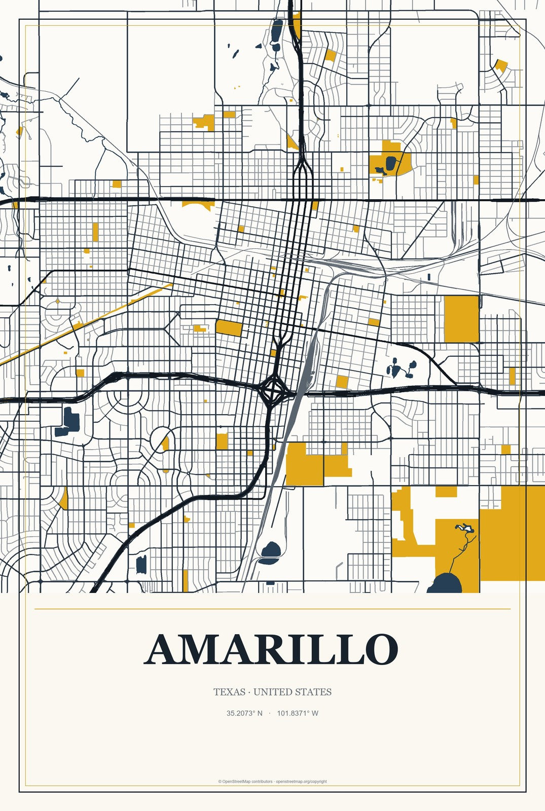 Amarillo, Texas City Map Aluminum Sign in Citrine Modern style