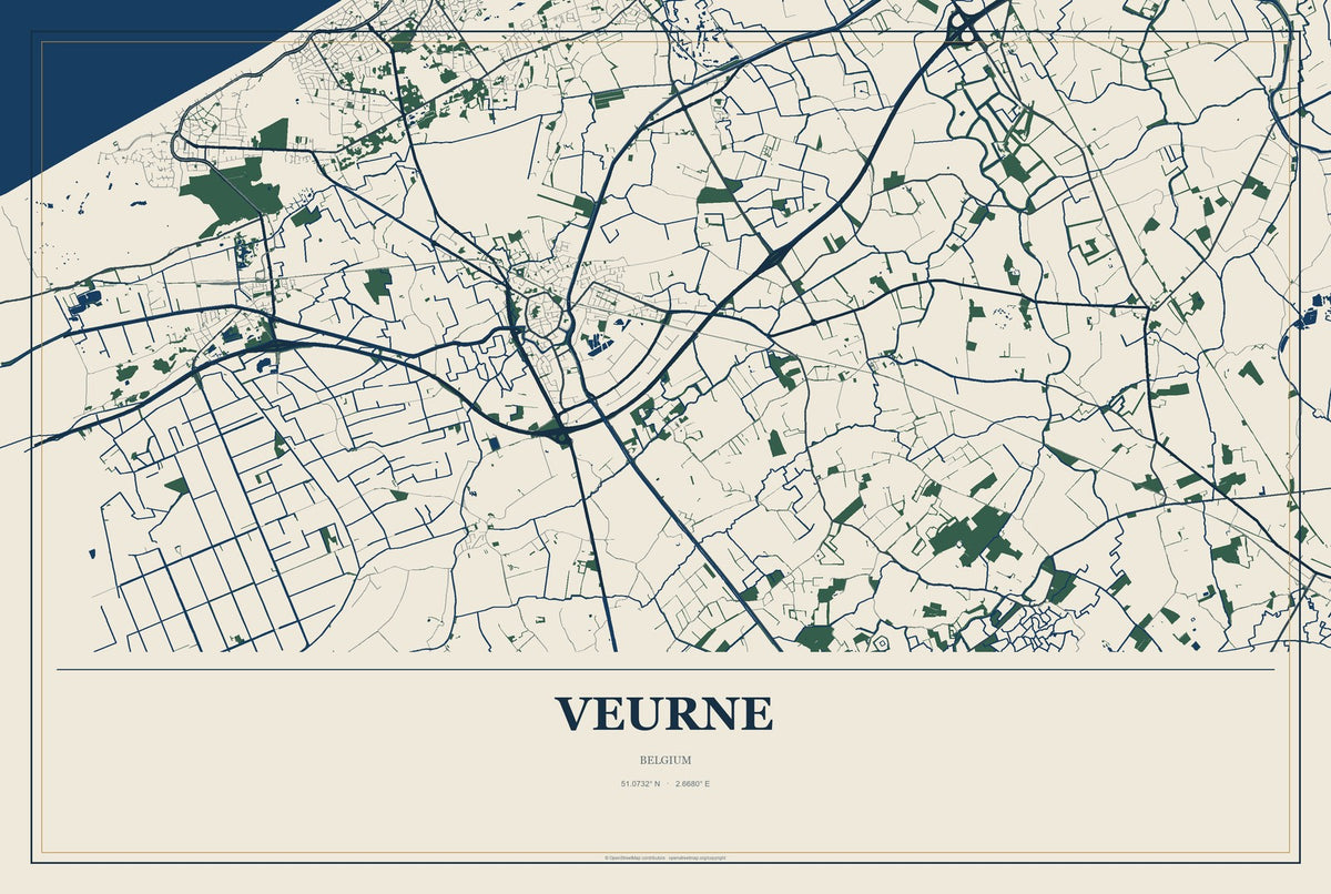 Veurne, Belgium City Map Aluminum Sign in Coastal Cutout style