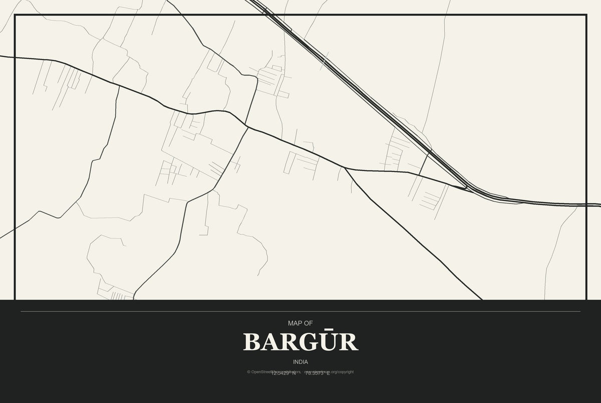 Bargūr, India City Map Aluminum Sign in Museum Plaque style