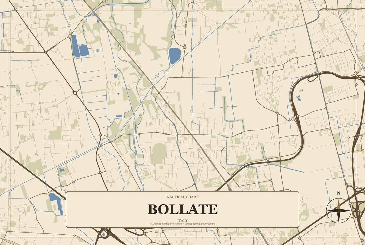 Bollate, Italy City Map Aluminum Sign in Heritage Nautical style
