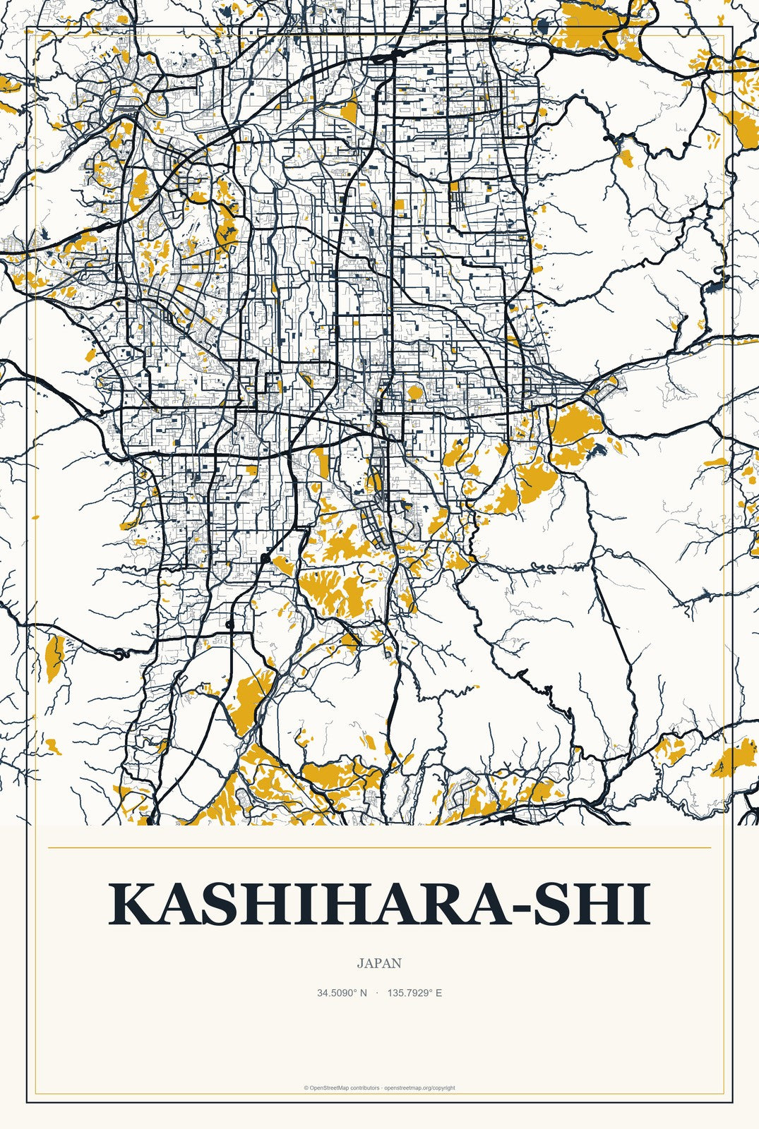 Kashihara-shi, Japan City Map Aluminum Sign in Citrine Modern style