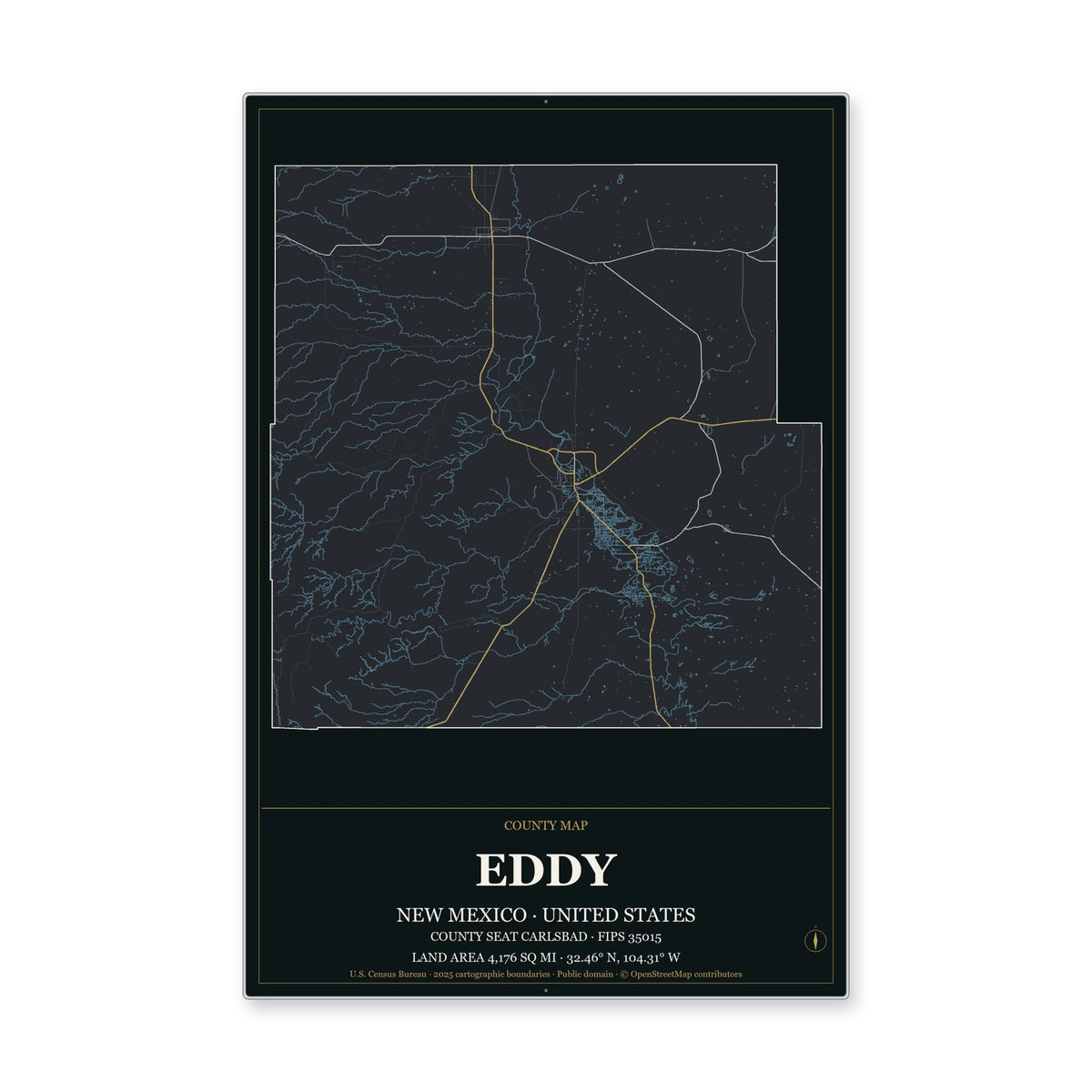 Eddy County, New Mexico Map Aluminum Sign in Metropolitan Noir style