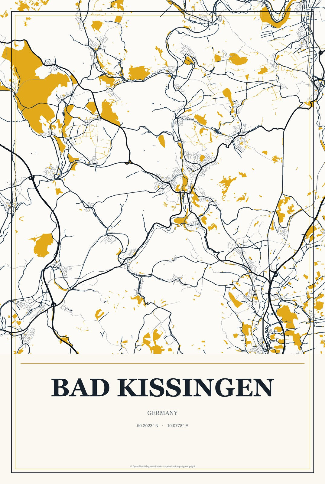 Bad Kissingen, Germany City Map Aluminum Sign in Citrine Modern style