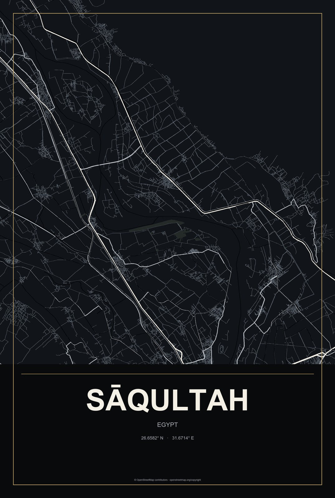 Sāqultah, Egypt City Map Aluminum Sign in Metropolitan Noir style