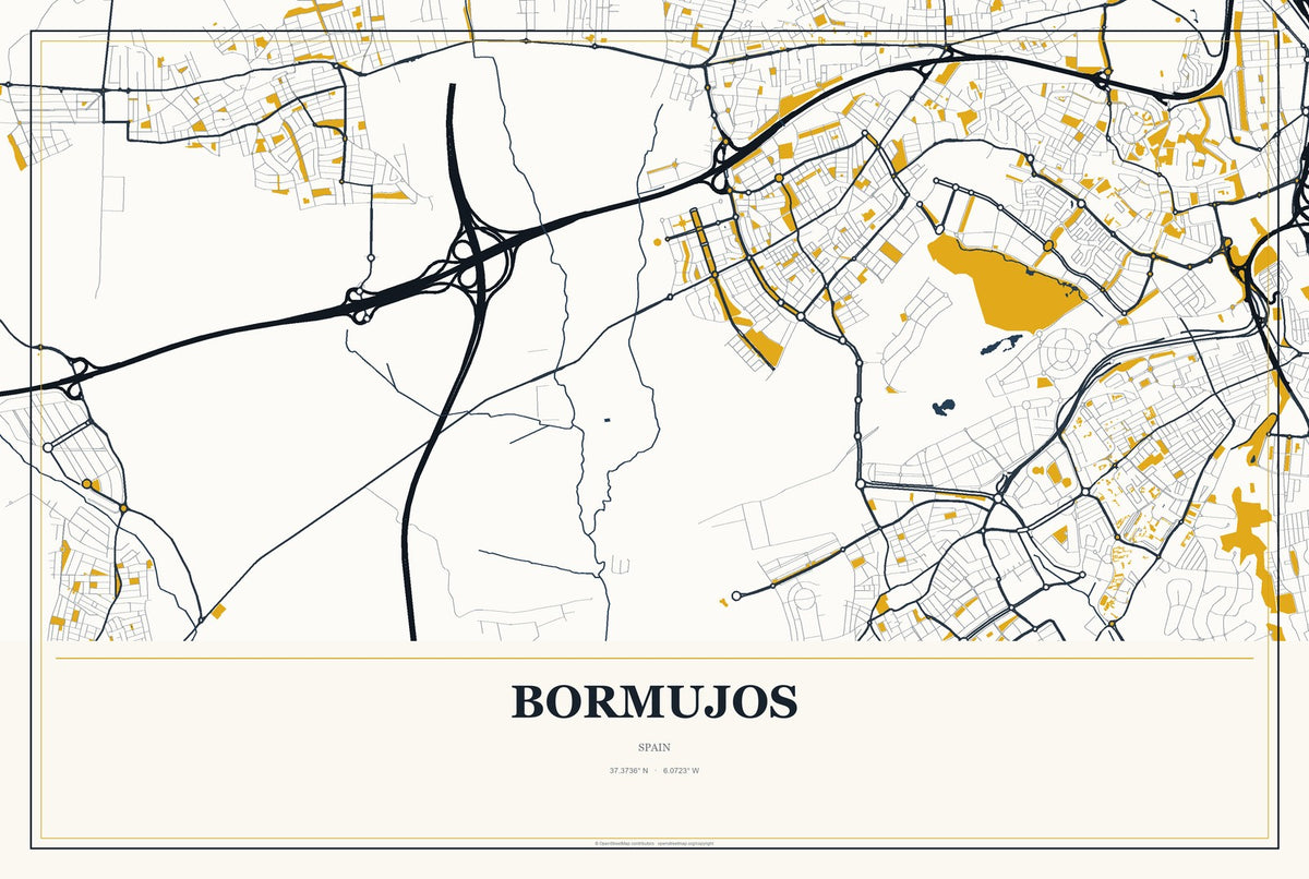 Bormujos, Spain City Map Aluminum Sign in Citrine Modern style