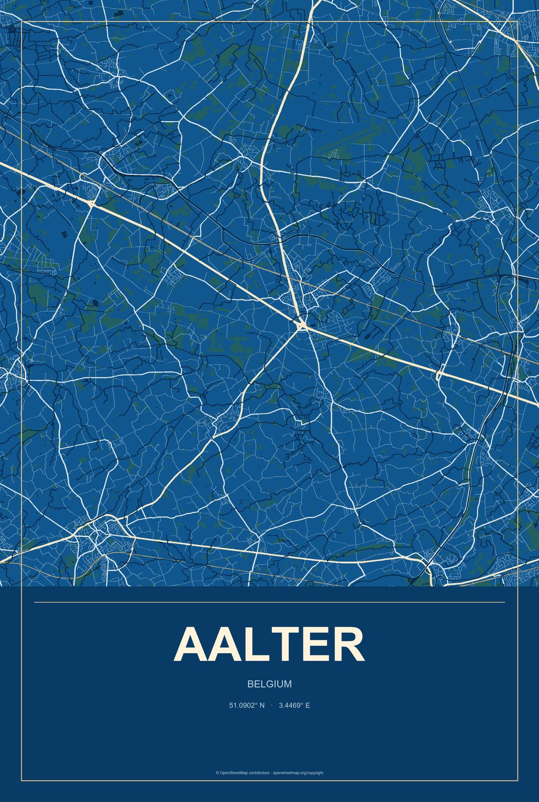 Aalter, Belgium City Map Aluminum Sign in Harbor Cobalt style