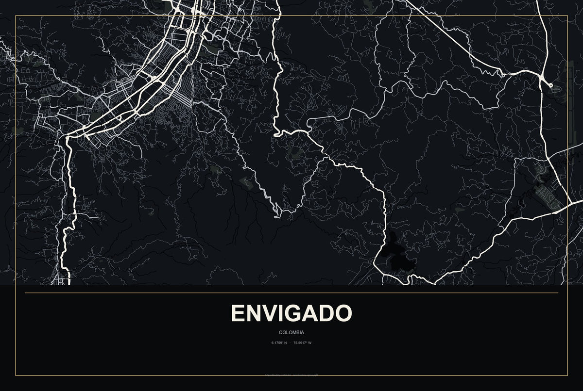 Envigado, Colombia City Map Aluminum Sign in Metropolitan Noir style
