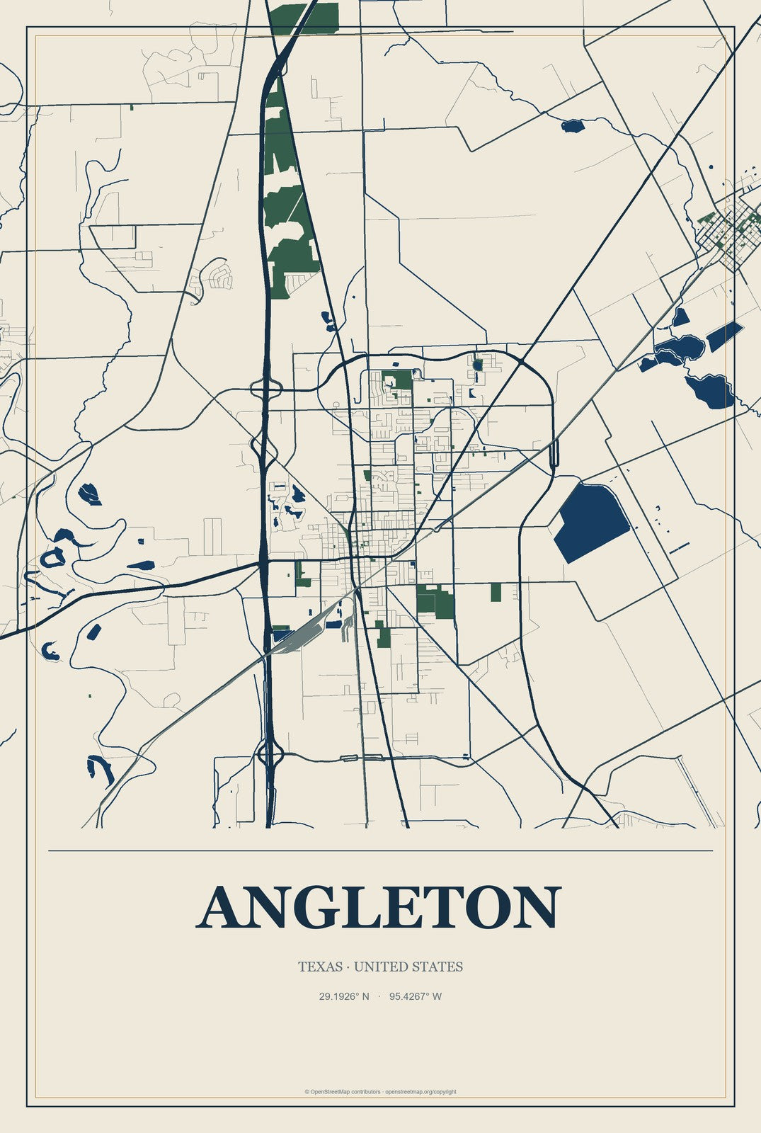 Angleton, Texas City Map Aluminum Sign in Coastal Cutout style