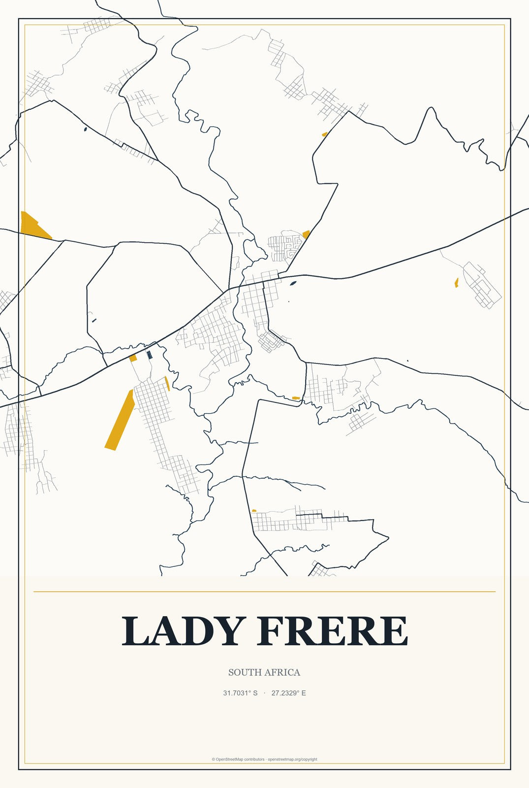Lady Frere, South Africa City Map Aluminum Sign in Citrine Modern style