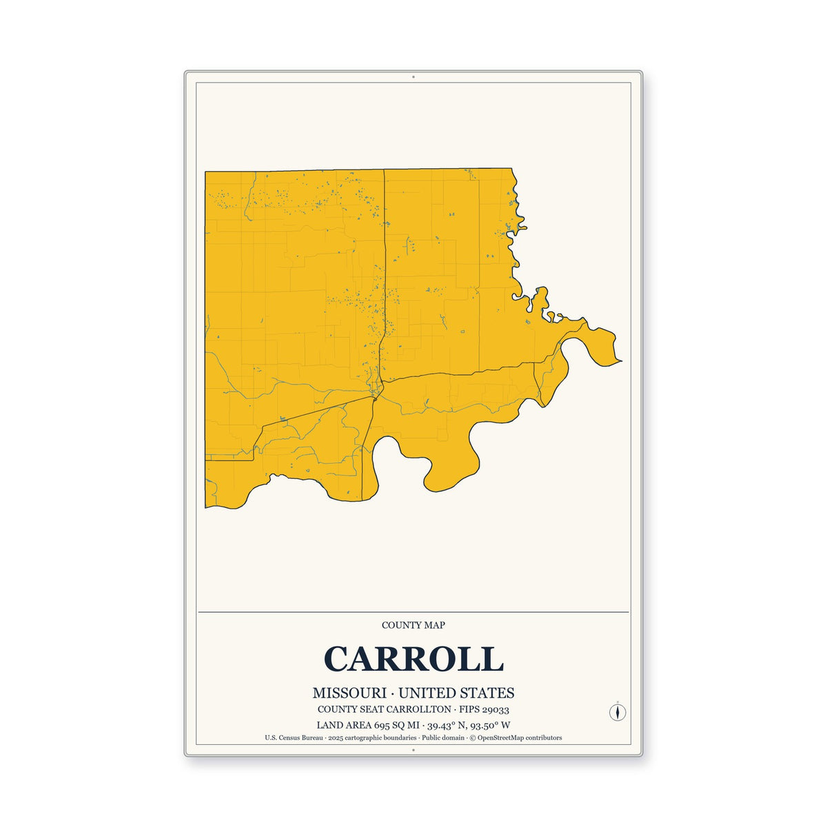 Carroll County, Missouri Map Aluminum Sign in Citrine Modern style