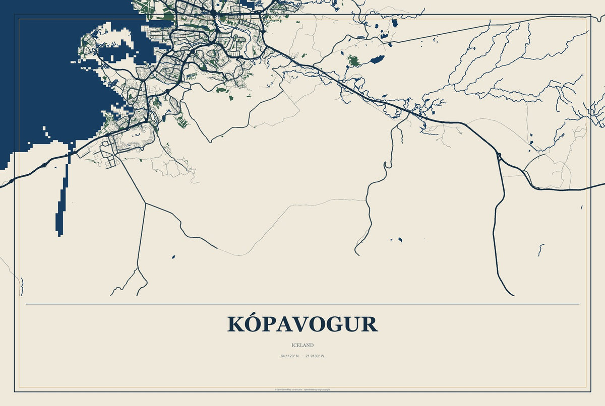 Kópavogur, Iceland City Map Aluminum Sign in Coastal Cutout style