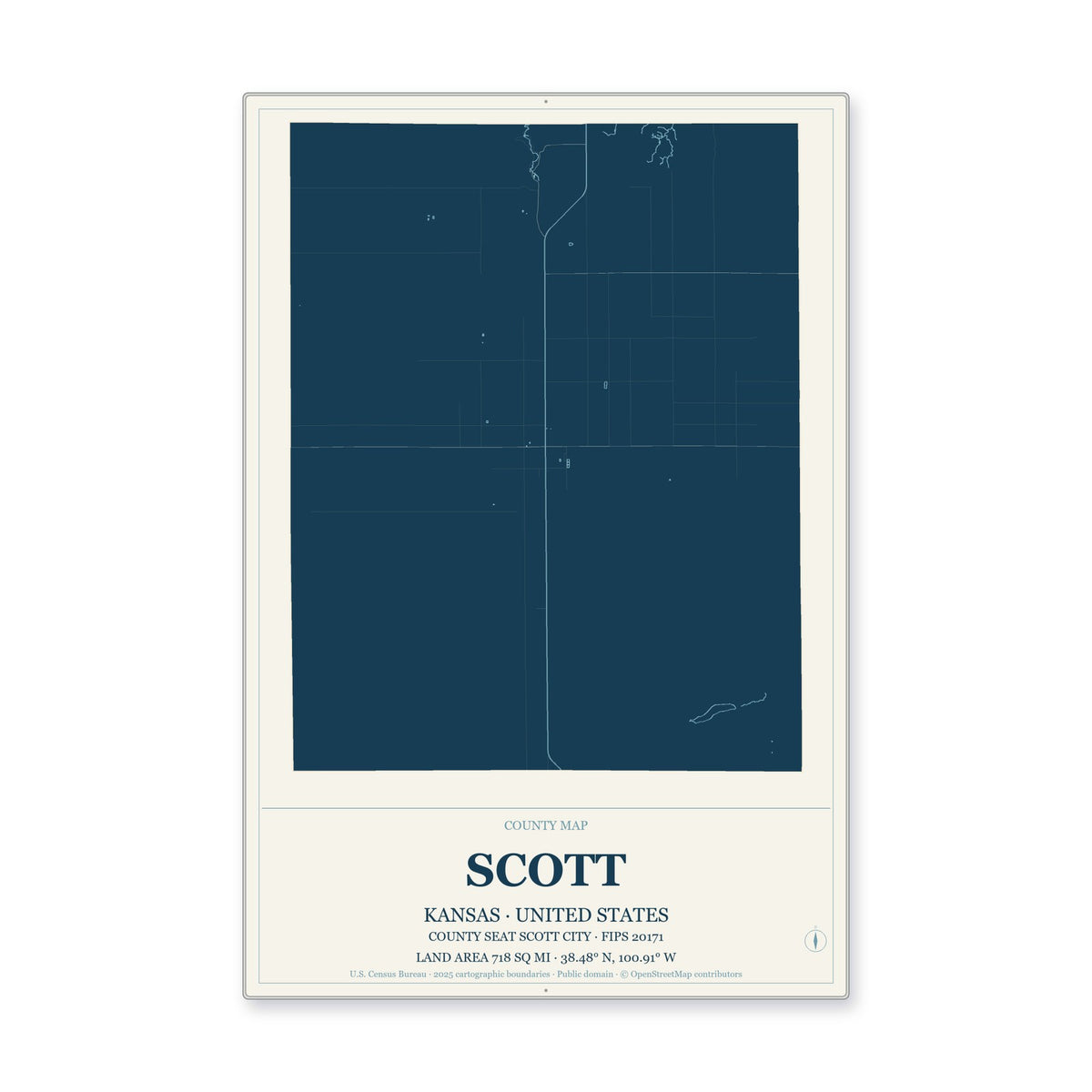Scott County, Kansas Map Aluminum Sign in Coastal Cutout style