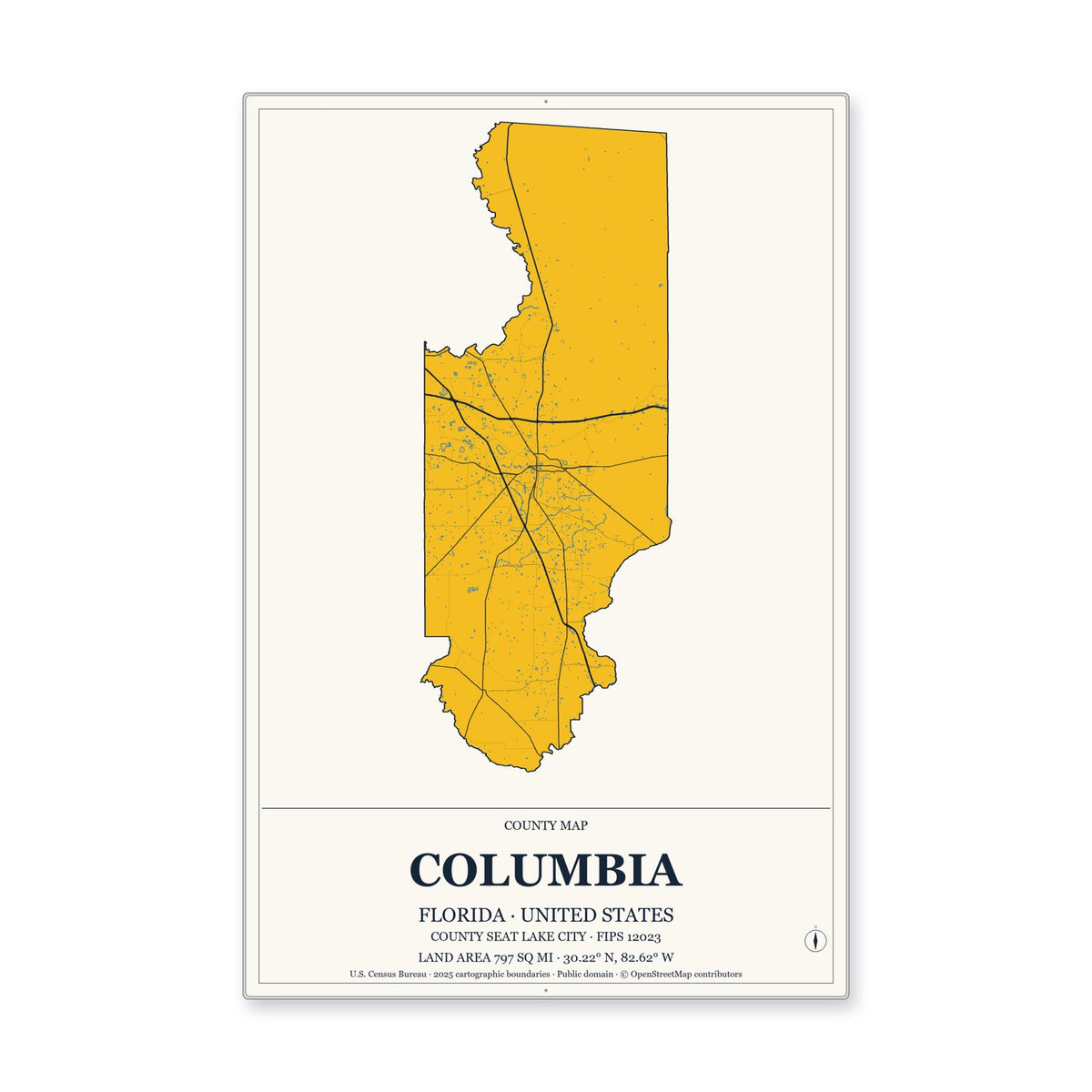 Columbia County, Florida Map Aluminum Sign in Citrine Modern style