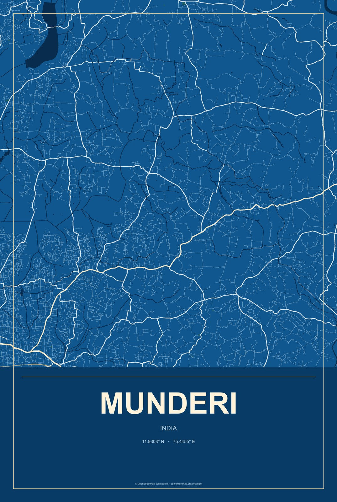 Munderi, India City Map Aluminum Sign in Harbor Cobalt style