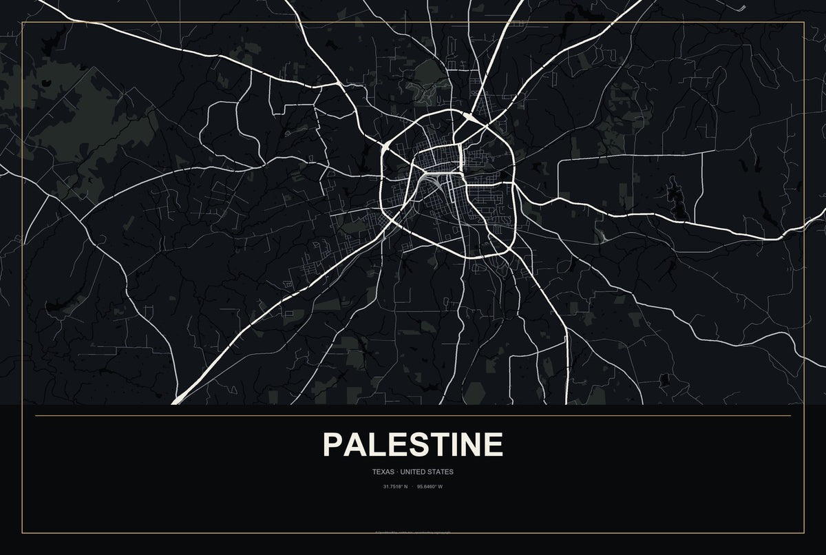 Palestine, Texas City Map Aluminum Sign in Metropolitan Noir style