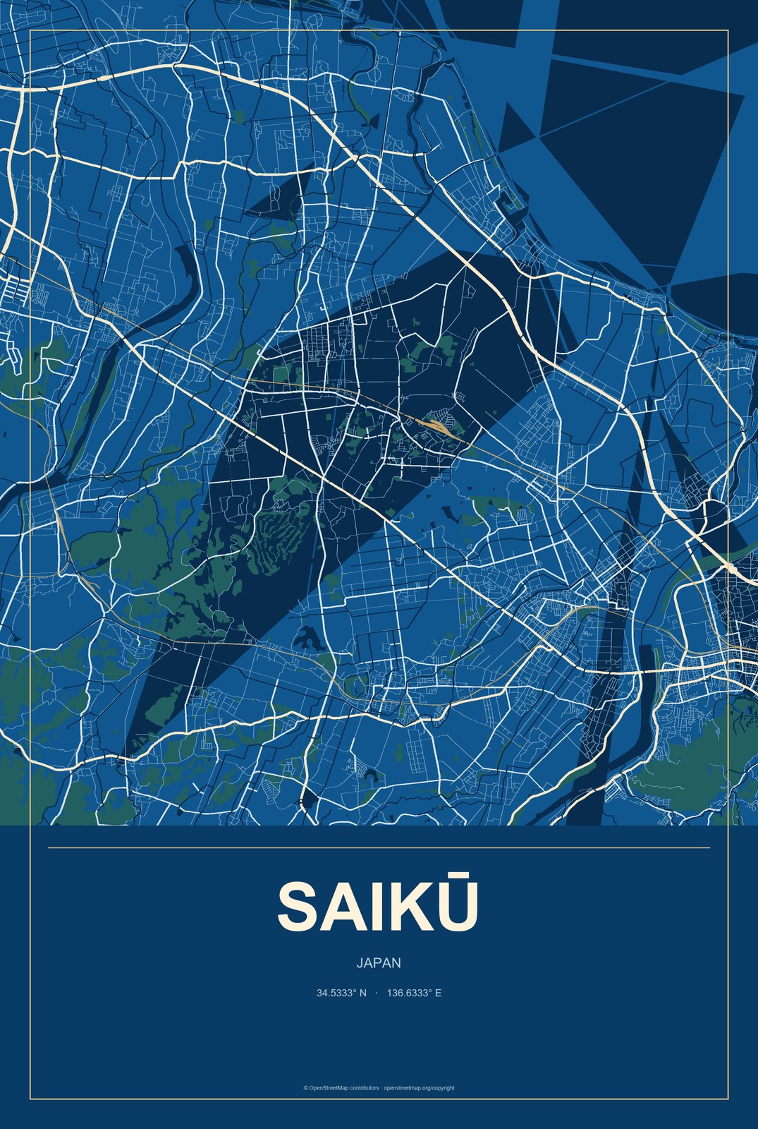 Saikū, Japan City Map Aluminum Sign in Harbor Cobalt style