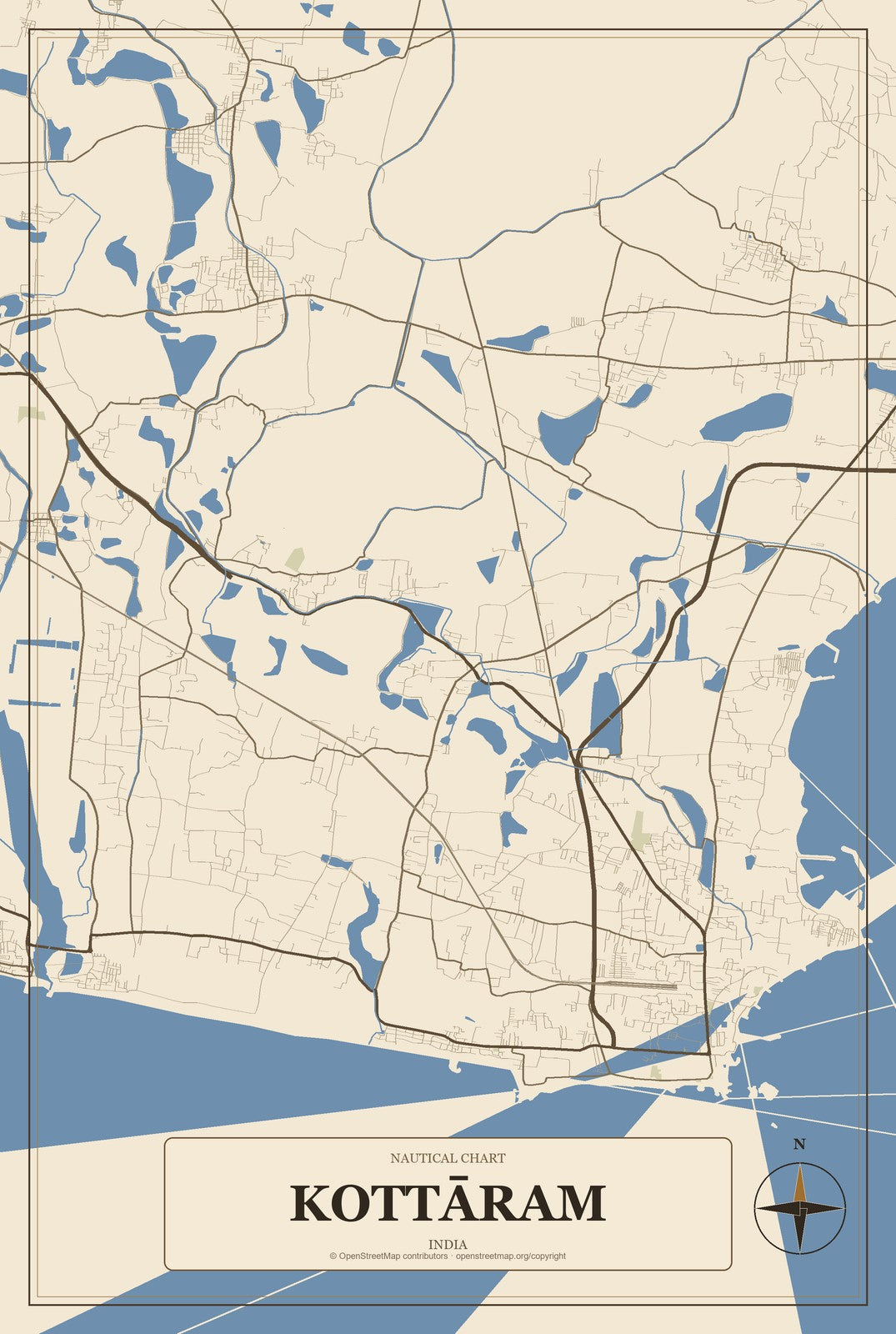 Kottāram, India City Map Aluminum Sign in Heritage Nautical style