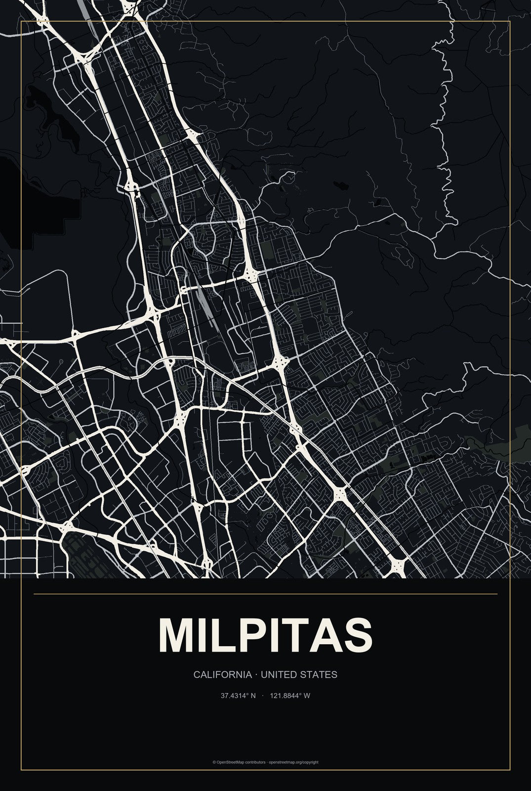 Milpitas, California City Map Aluminum Sign in Metropolitan Noir style