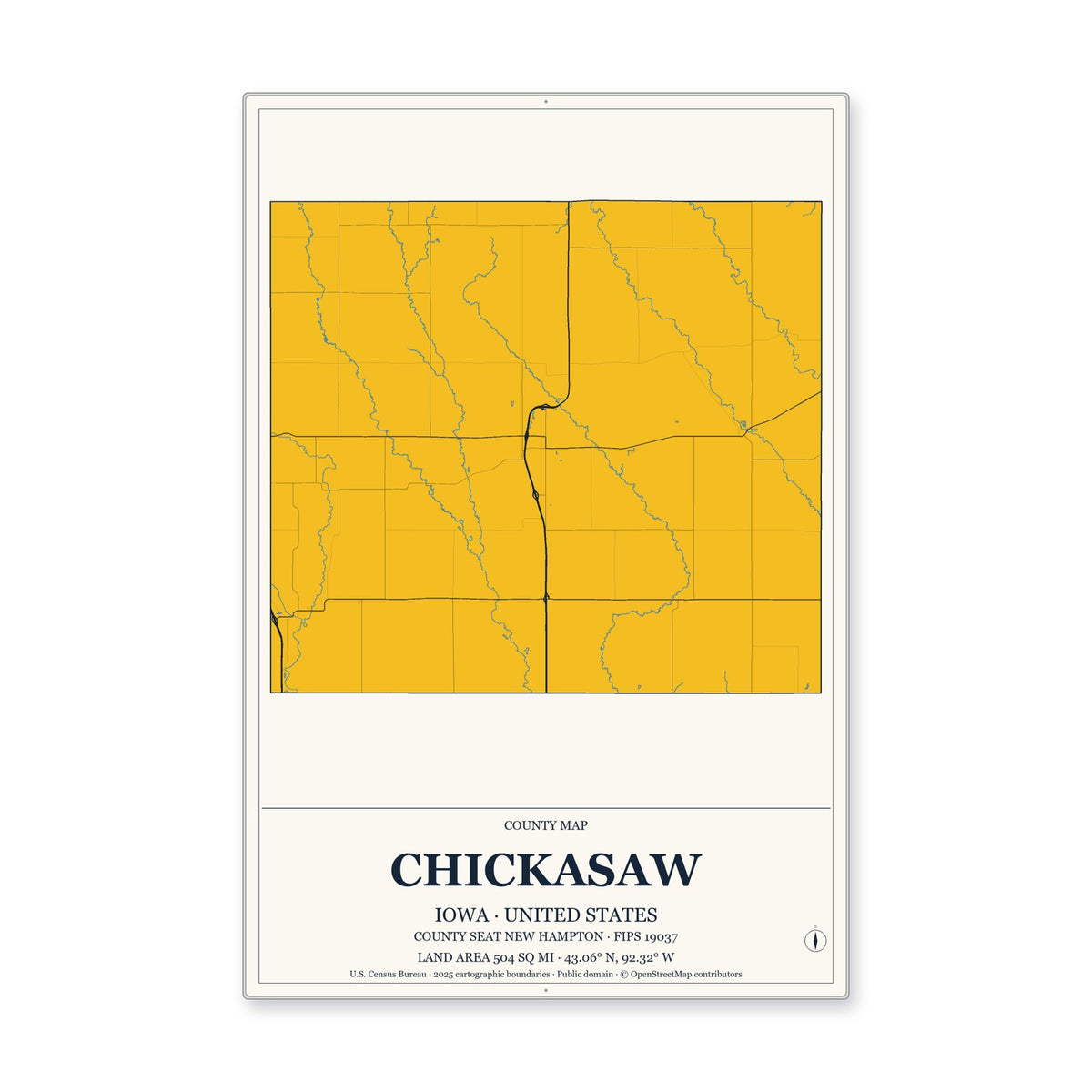 Chickasaw County, Iowa Map Aluminum Sign in Citrine Modern style