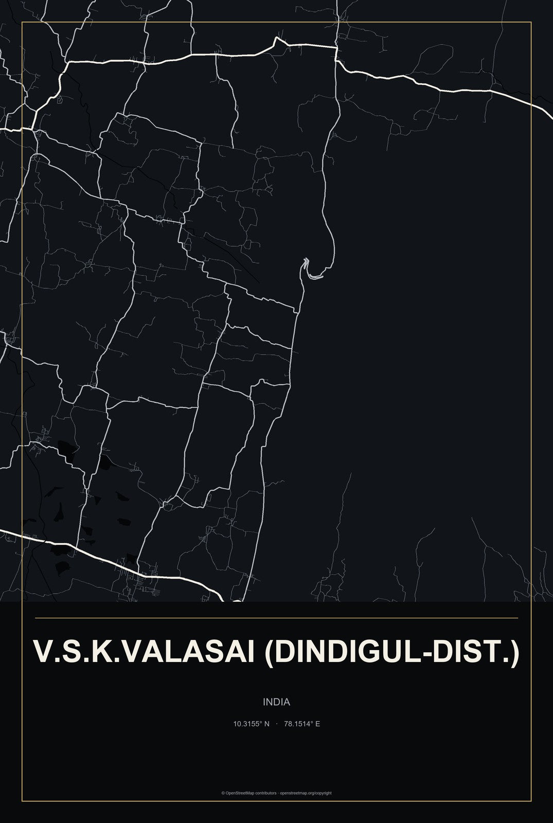 V.S.K.Valasai (Dindigul-Dist.), India City Map Aluminum Sign in Metropolitan Noir style