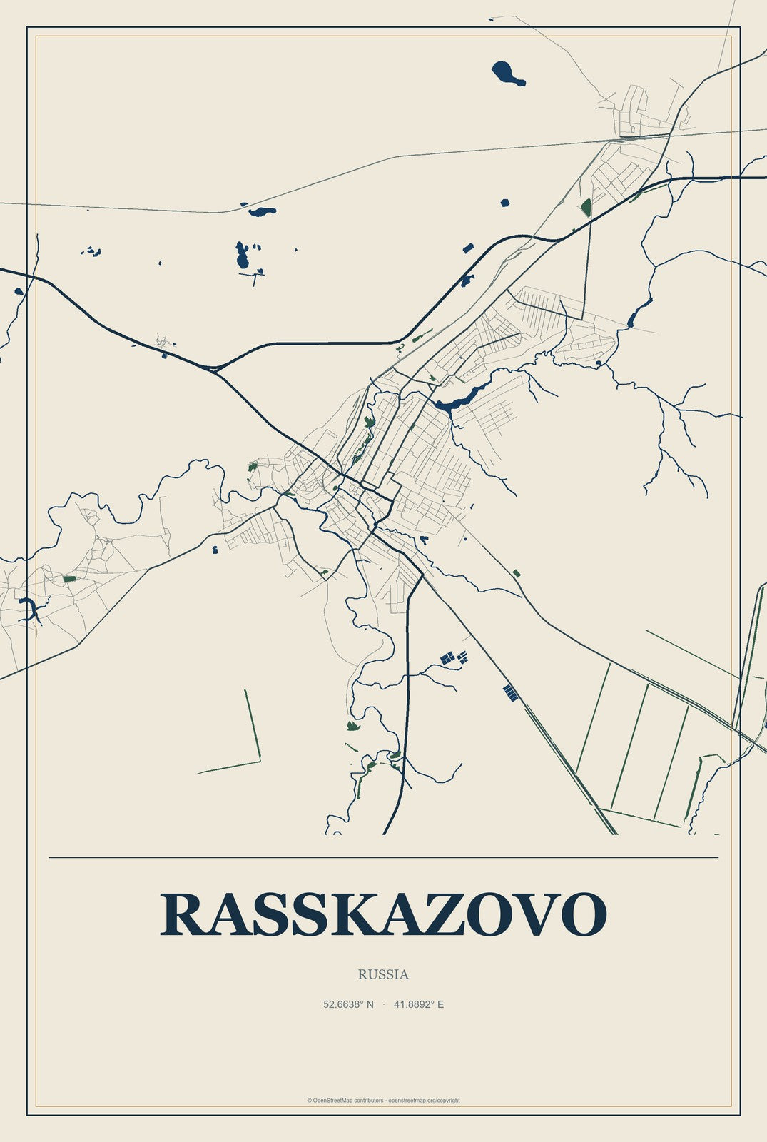 Rasskazovo, Russia City Map Aluminum Sign in Coastal Cutout style