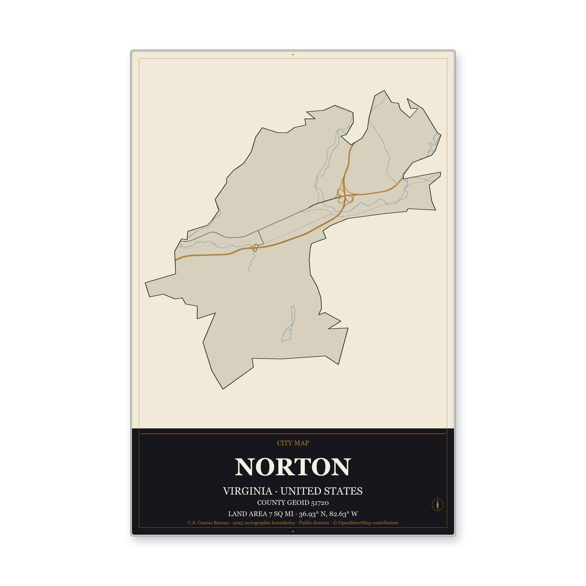 Norton city, Virginia Map Aluminum Sign in Museum Plaque style