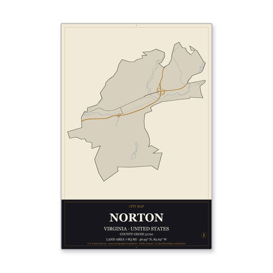 Norton city, Virginia Map Aluminum Sign in Museum Plaque style